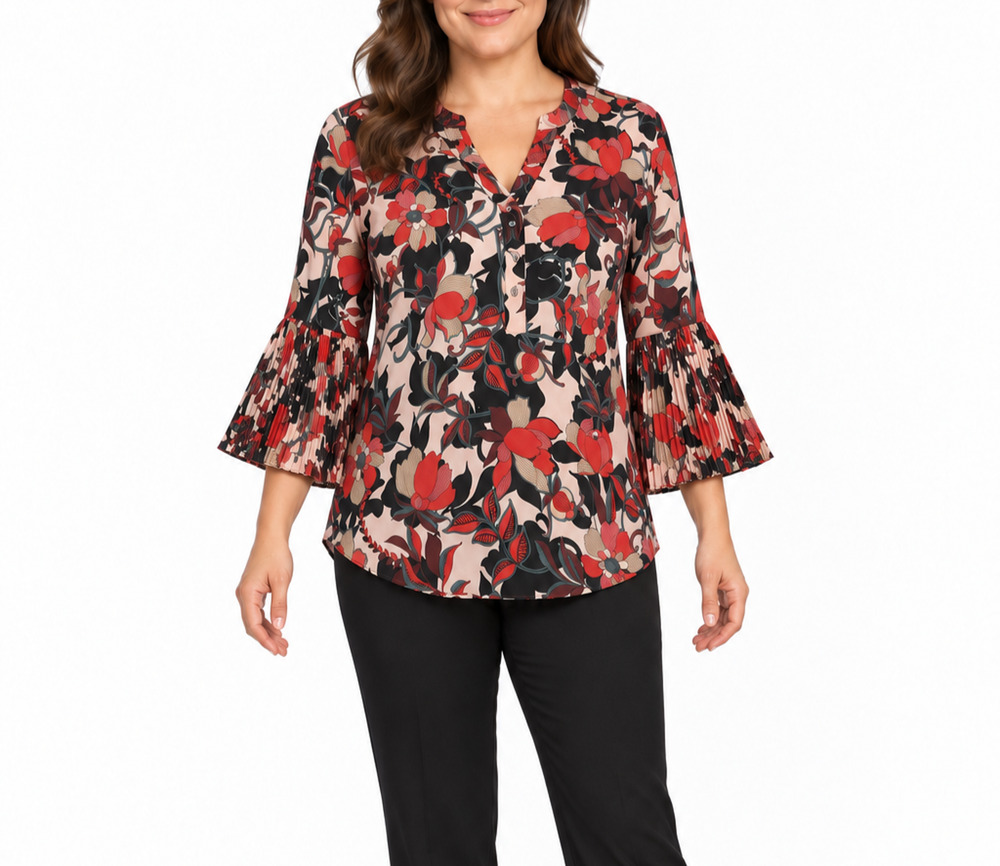 Zac & Rachel Woman Blouse 1X Floral Pleated Bell Sleeve Boho Tunic Top